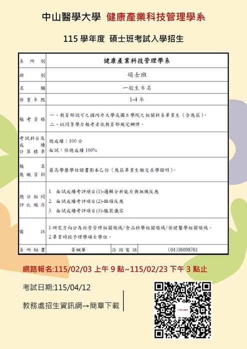 健康產業科技管理學系115學年度碩士班招生考試圖片